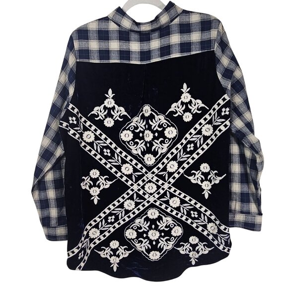 Soft Surroundings Plaid Button Up Shirt XL Velvet Embroidered Navy & Cream - Picture 1 of 11